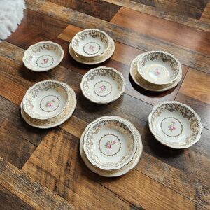 11 Pc Vtg Stetson 22kt gold American Beauty 5 1/4" 7 berry bowls 4 Dessert plate